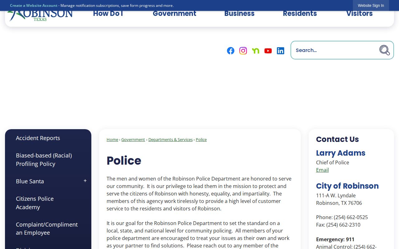 Robinson Police Department source for Robinson arrest and booking-record routing